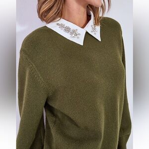 Vila Milano Olive Green Long Sleeve Sweater Jeweled Embellished White Collar XL